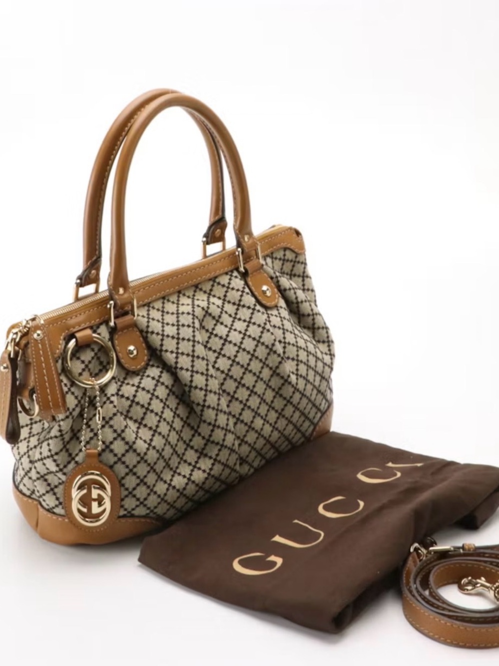 Gucci Sukey Diamante Canvas and Camel Leather Satchel with Gold GG Charm & Strap